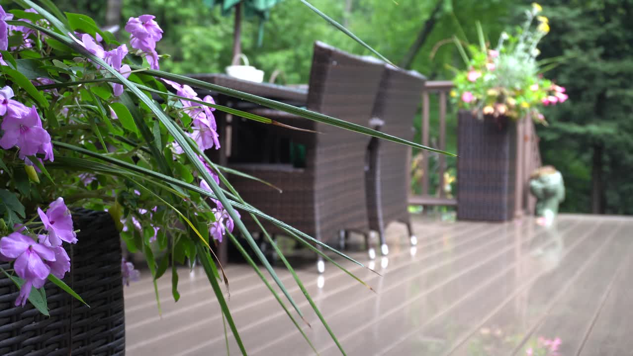 Suburban deck with lush background with warm look