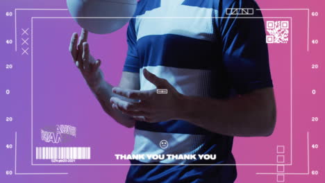 spinning ball, person in sports jersey with animation and thank you text