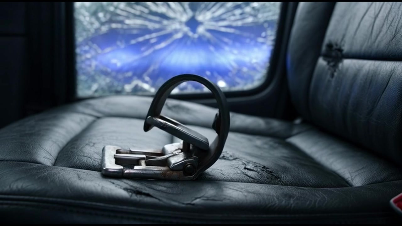 Esposas sobre el asiento del coche con luces de policía intermitentes de fondo.
