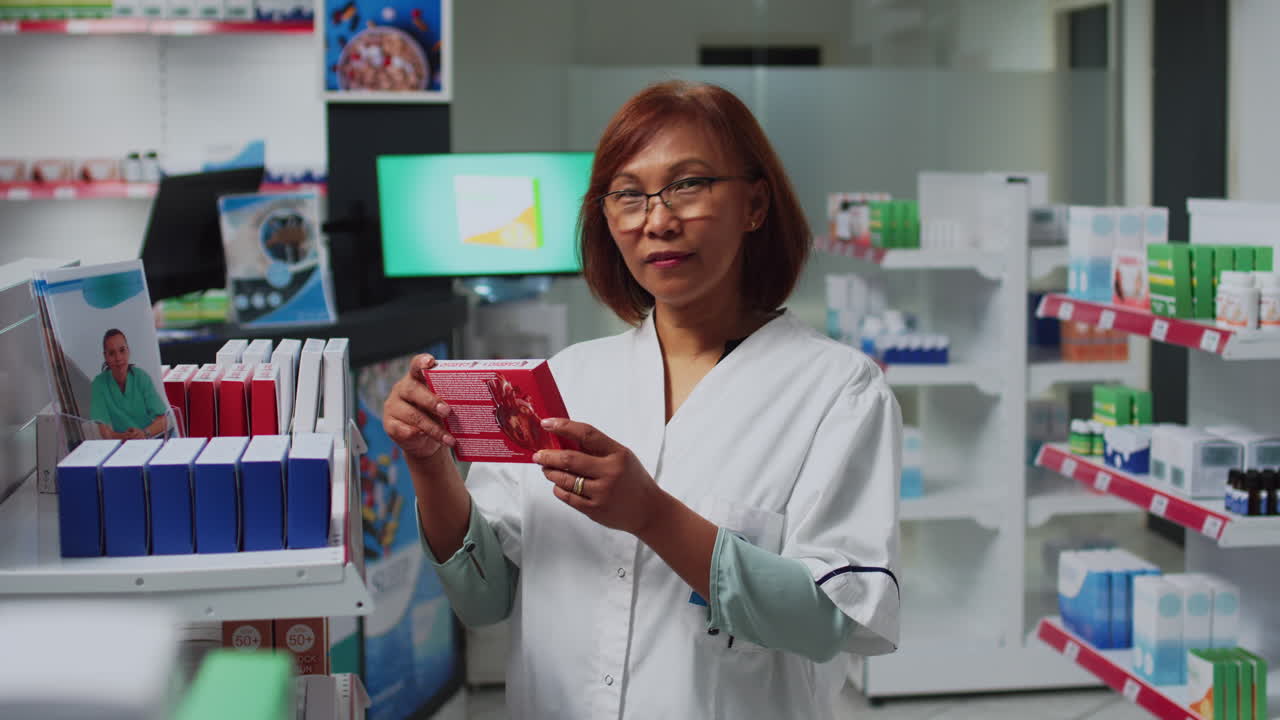 Asian Pharmacist in Pharmacy with Medication