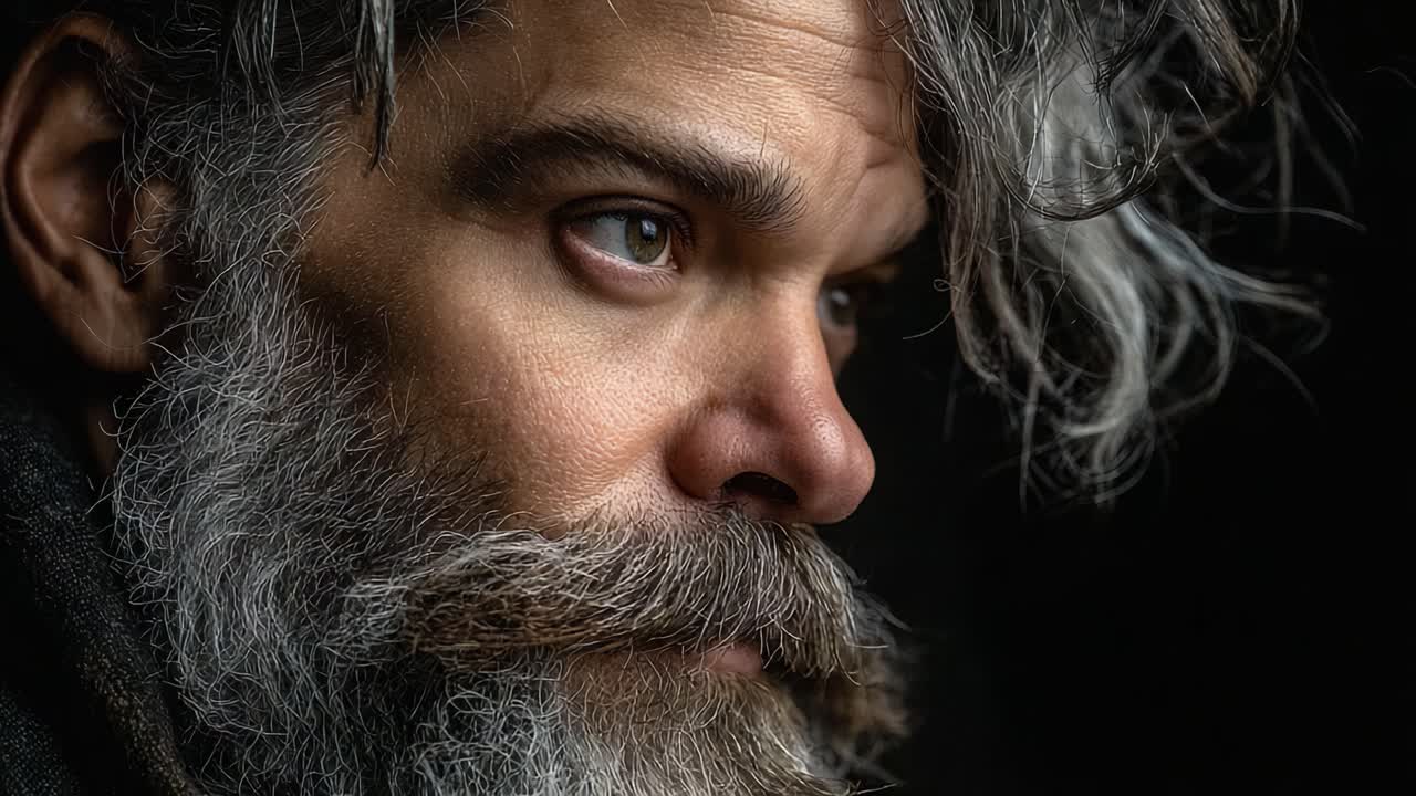 En række udtryk: Nærbilleder, der fanger dybden og karakteren i ansigtet på en skægget mand med vildt hår i kontrast til en mørk baggrund.