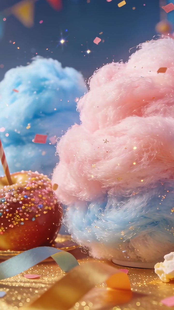 Vertical video: Confetti falling cam panning left on gold tray, revealing cotton candy, candy apple