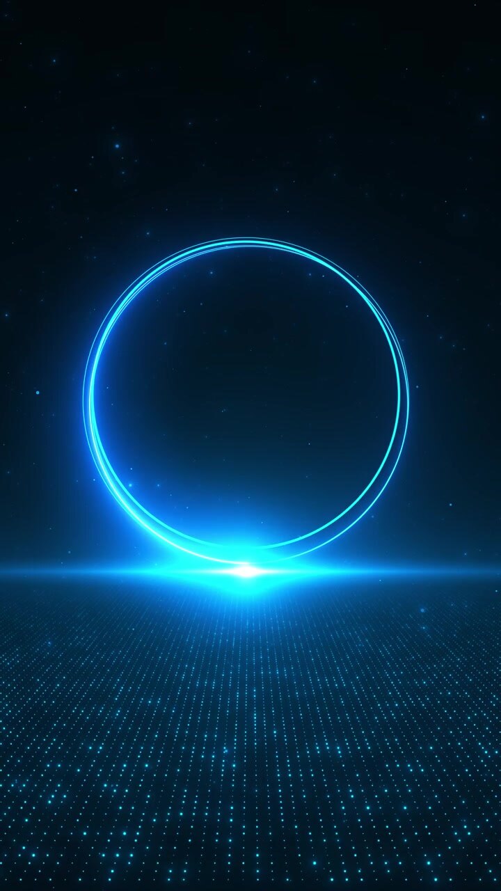 Palco a griglia di portale futuristico ciano, cerchio neon luminoso, orizzonte brillante, pavimento puntinato, spazio stellare profondo, AI
