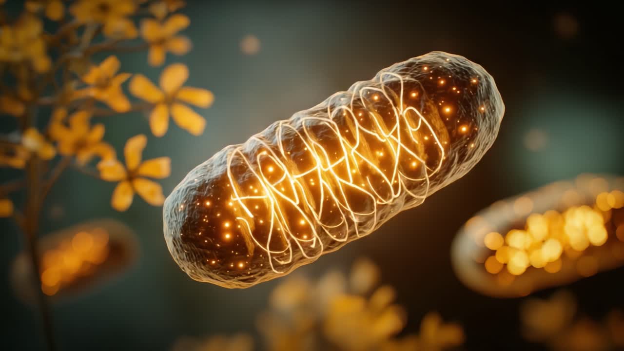 Uma Visualização Cativante de Mitocôndrias: As Centrais Elétricas das Células Iluminadas em Meio a Elementos Naturais, Exibindo Sua Estrutura Intrincada e Funcionalidade.