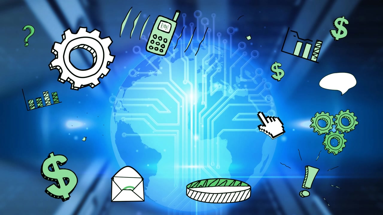 Animation of multiple digital icons and microprocessor connections over blue light spot on globe