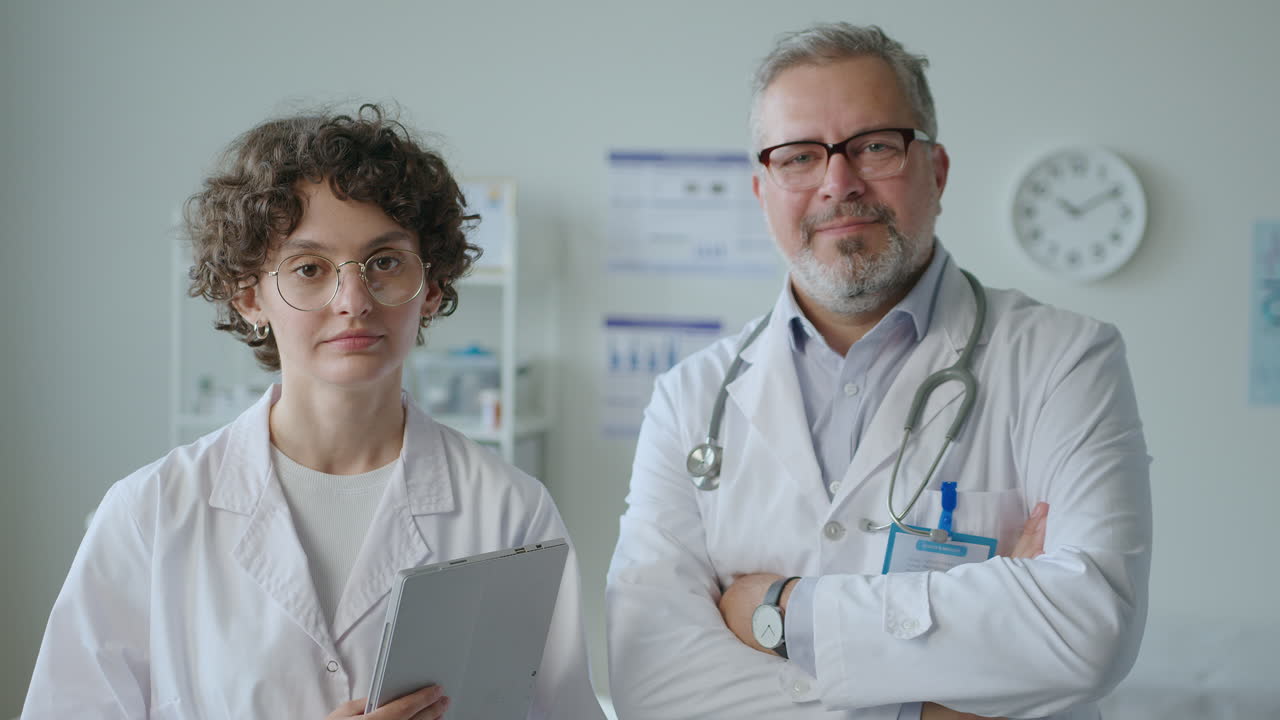 Portrait of Senior Doctor with Young Female Colleague in Clinic