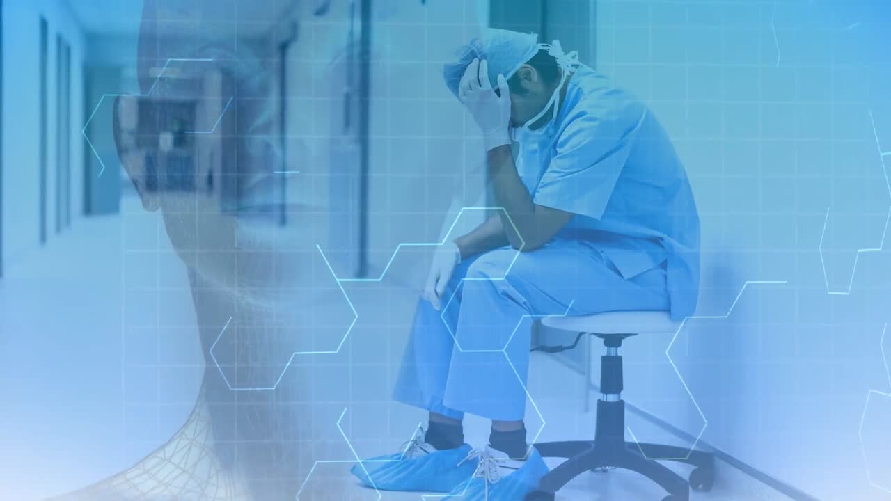 病院の廊下に座っているストレスの多い医師のデジタルアニメーション 4k