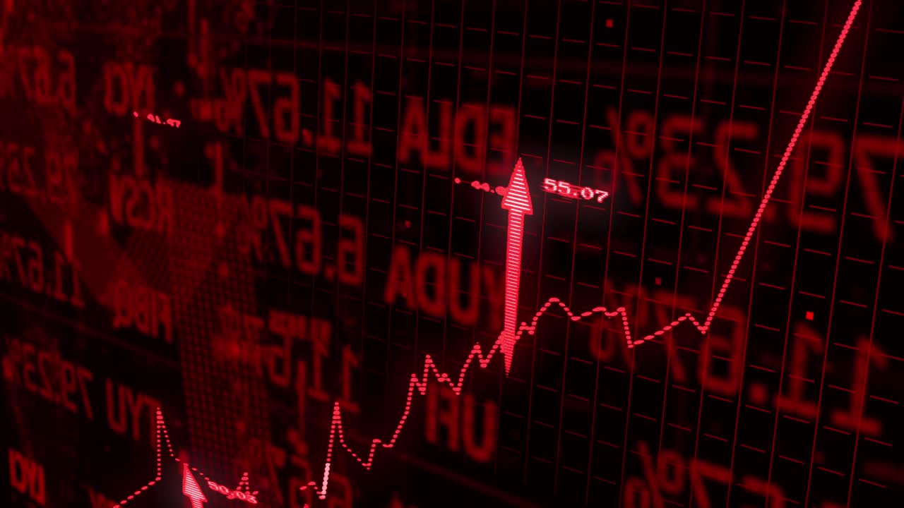 Animation of statistics and financial data processing over arrows on black background