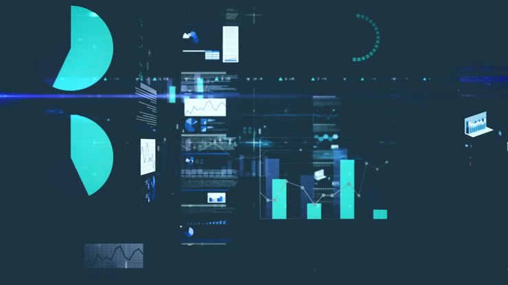 Animation of digital data processing over dark background