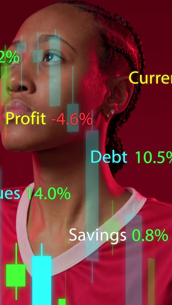 Vertical video: Woman lifting head as % charts animating over jersey, covering face, showing growth