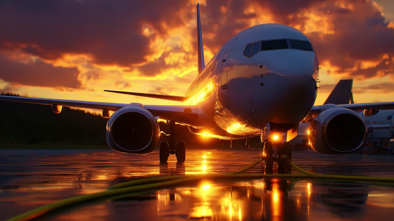 A stunning visual of an aircraft against a breathtaking sunset, highlighting the intricate details of its body and engines while the sun's rays perfectly illuminate the scene, creating a captivating travel moment