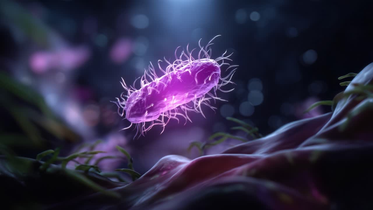 A Vibrant Microbial World: Close-Up of a Pink Bacterium with Hair-Like Projections Floating Above a Colorful Microenvironment in an Abstract Representation