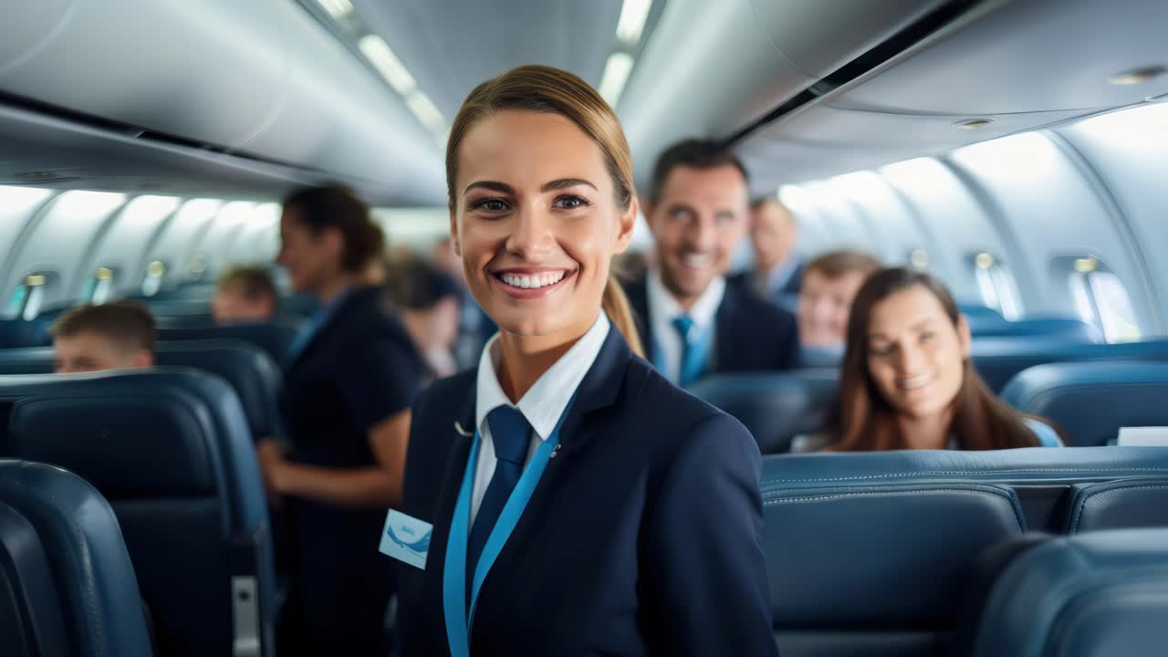 Lächelnde FlugbegleiterIn in Uniform, aufgenommen in einem Mid-Shot-Video in einem Flugzeug