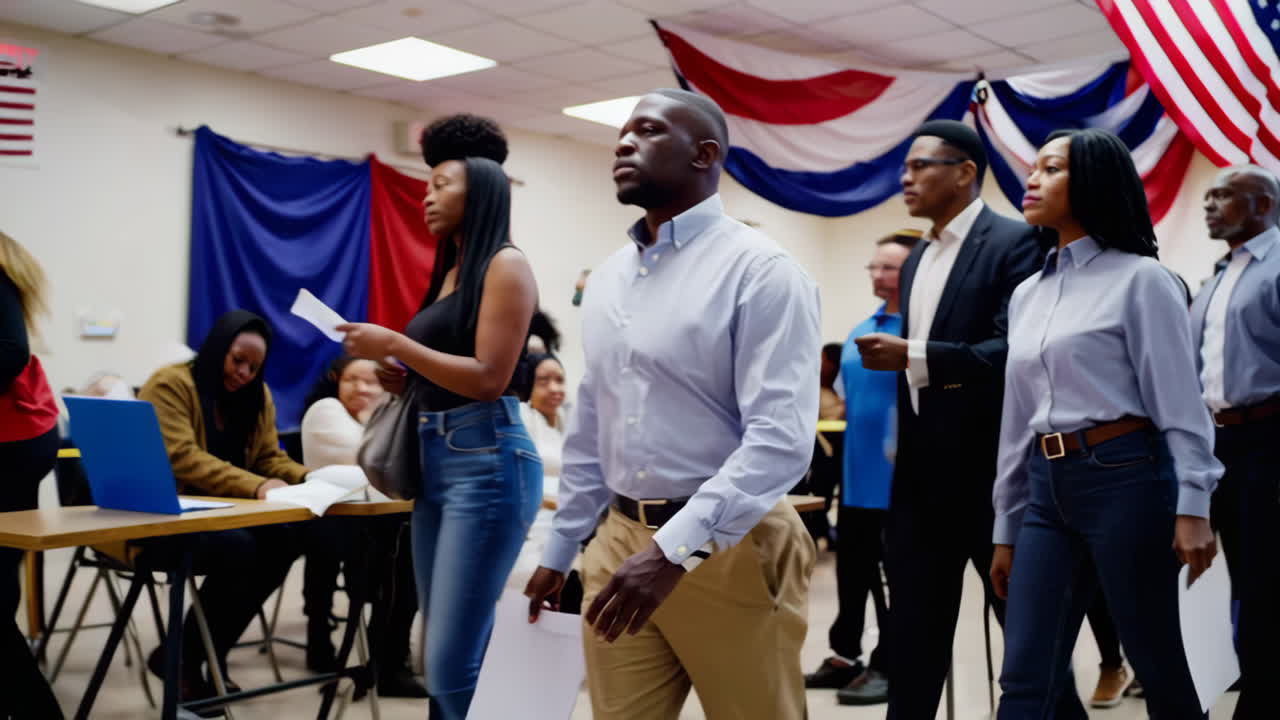 Diverse group of people waiting in line at a polling place or civic event