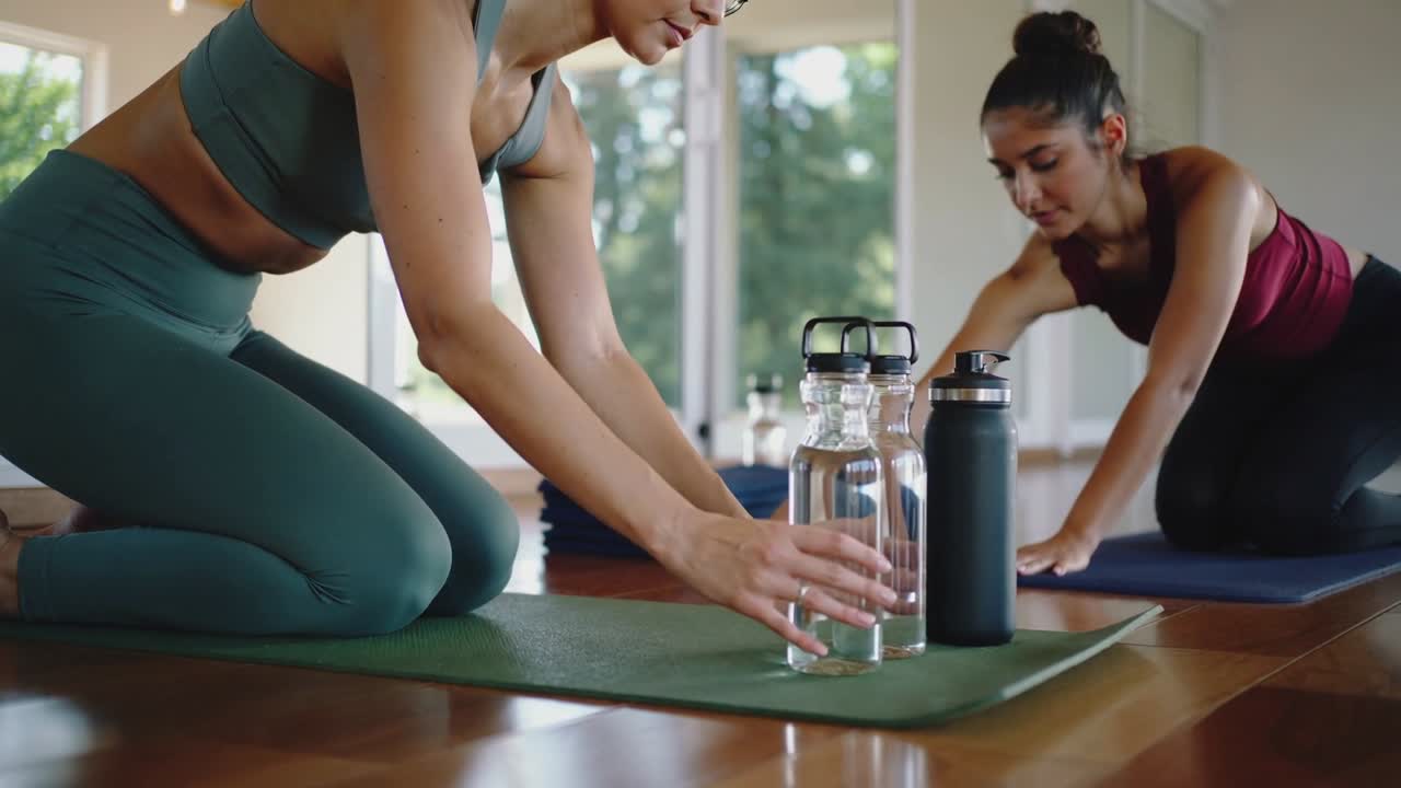 Left woman reaching to adjust water bottles while partner moving onto mat, preparing yoga practice