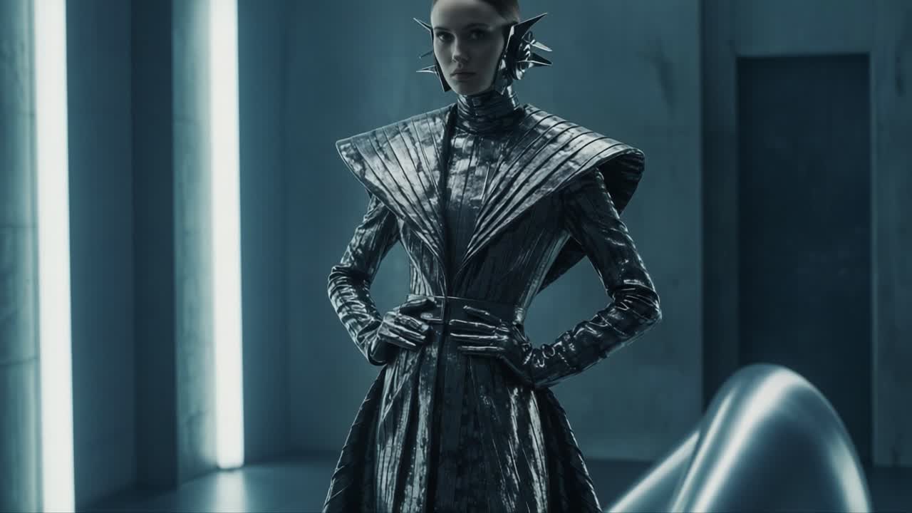 A Mysterious Metallic Figure Stands Commanding in a Futuristic Setting, Showcasing a Unique Silver Attire with Intricate Designs and an Enigmatic Presence
