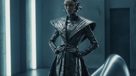 a mysterious metallic figure stands commanding in a futuristic setting, showcasing a unique silver attire with intricate designs and an enigmatic presence