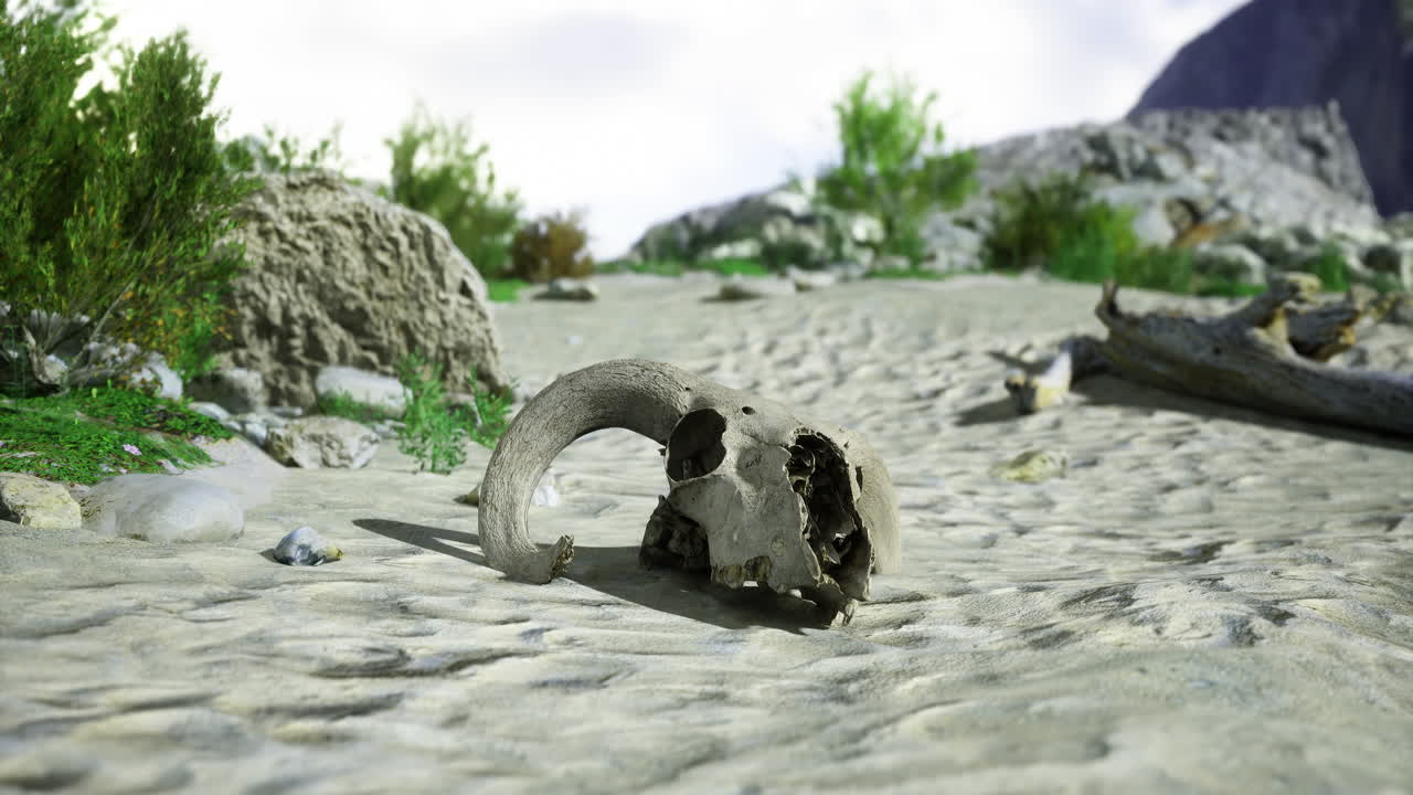 Ancient skull discovered in arid landscape surrounded by rocky terrain