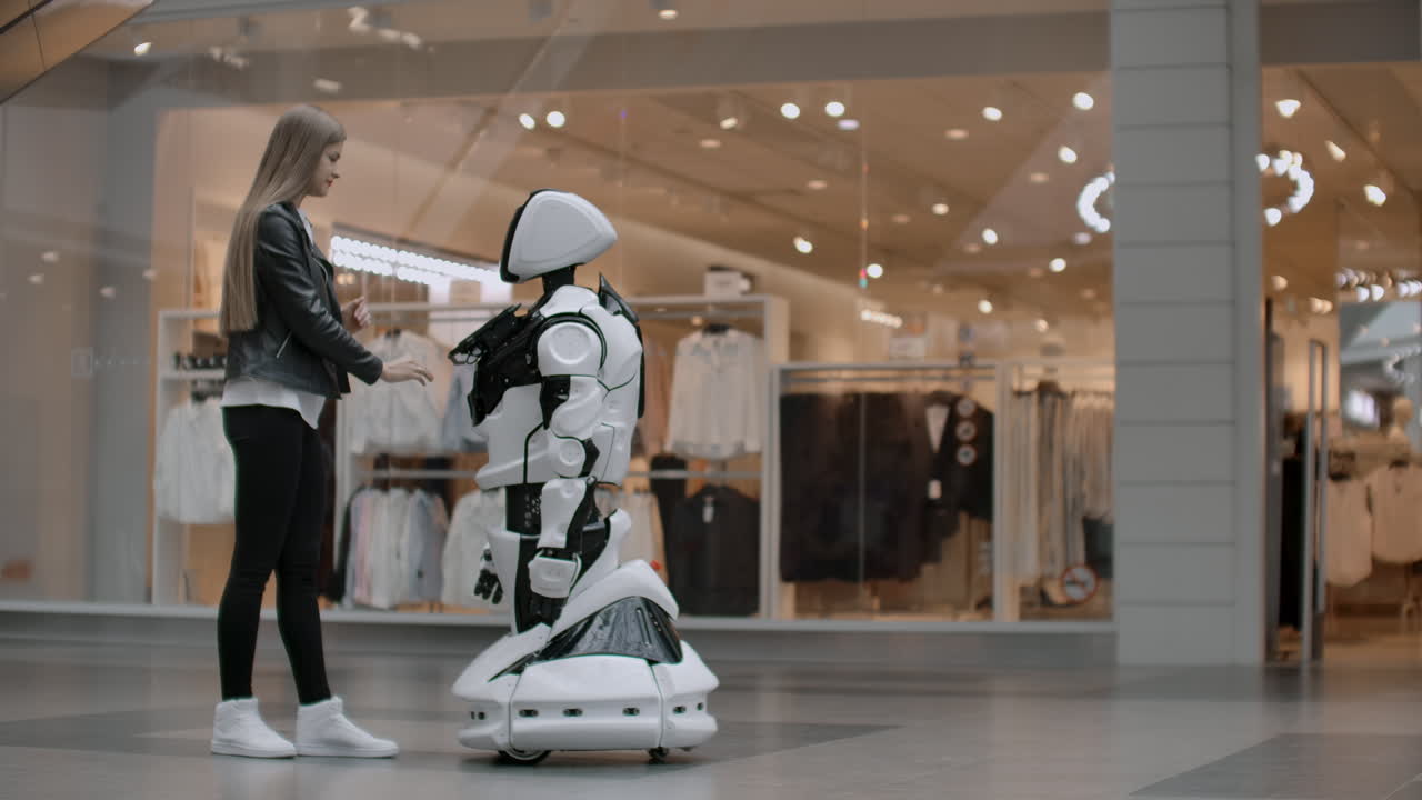 mujer sonriendo estrechando las manos trabajo. ser amigos con cyborg. entrar en un acuerdo con el robot