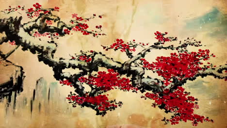 digital art ancient landscape painting traditional ink style of beautiful morning sky, mountains, flowers, lake, chinese landmark performance background plum blossom video