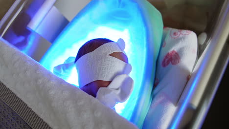 newborn child with pacifier lies in the crib on ultraviolet lamp. phototherapy in the maternity hospital. top view.