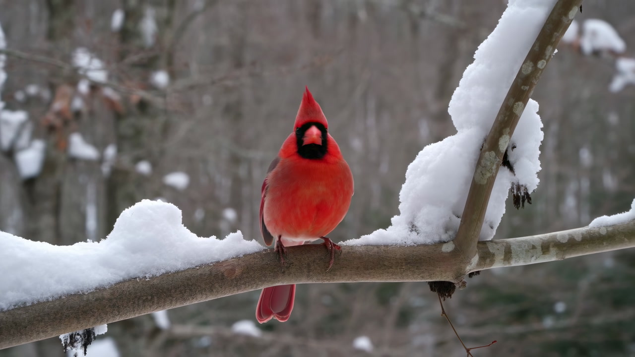 Red Cardinal Perched On Snowy Branch, Vibrant Male Bird In Quiet Woodland With Snowcovered Twigs, Crisp Red