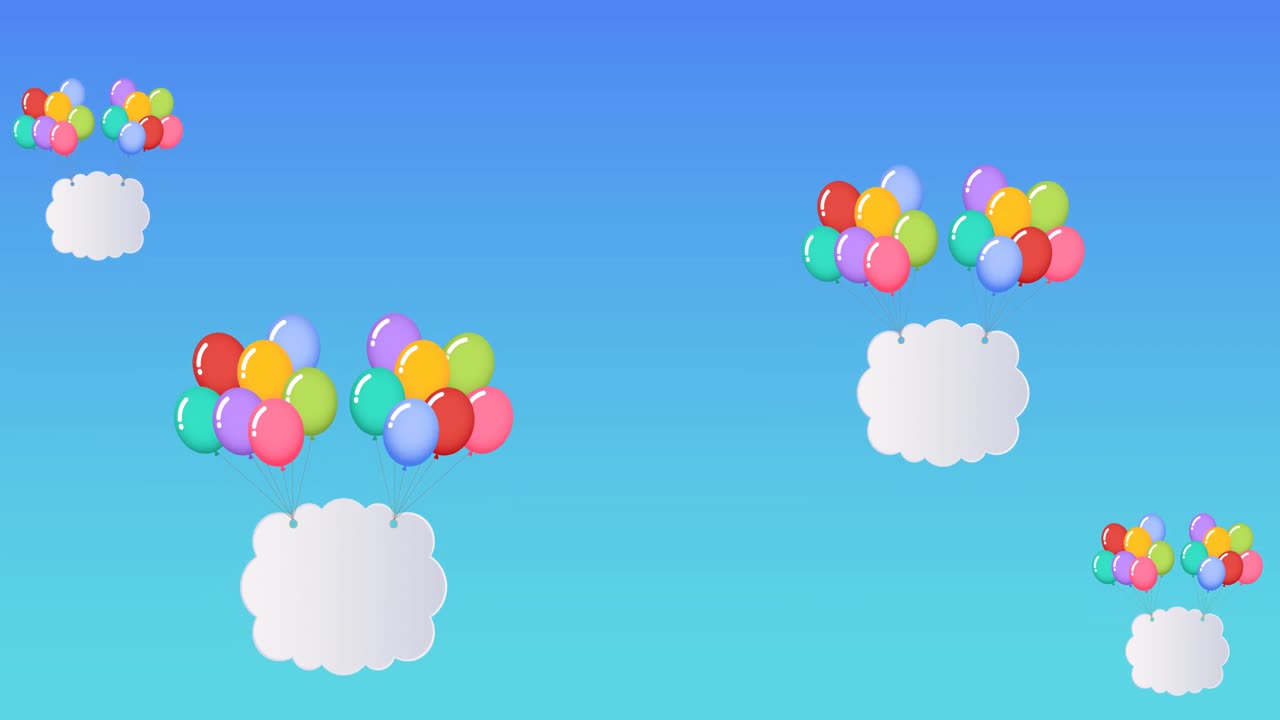 파란색 배경에 날아다니는 구름과 복사 공간을 가진 다채로운 풍선의 애니메이션