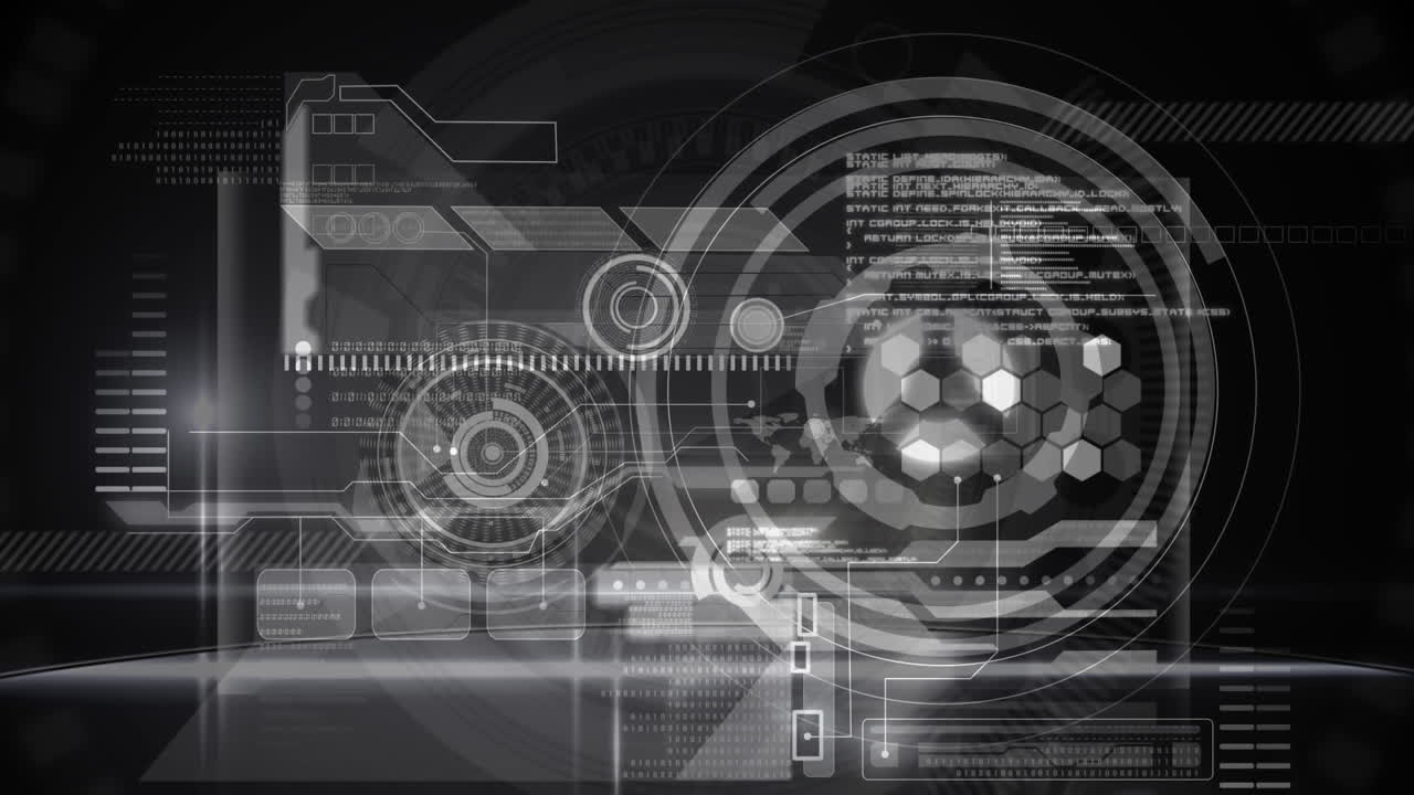 검은 바탕에 데이터 처리 및 정보 위에 떠있는 원의 애니메이션