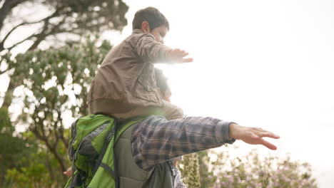 father, son and outdoor on shoulders for airplane