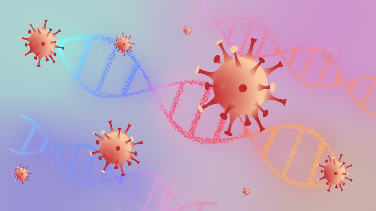 Animation af virusceller over DNA-strenge
