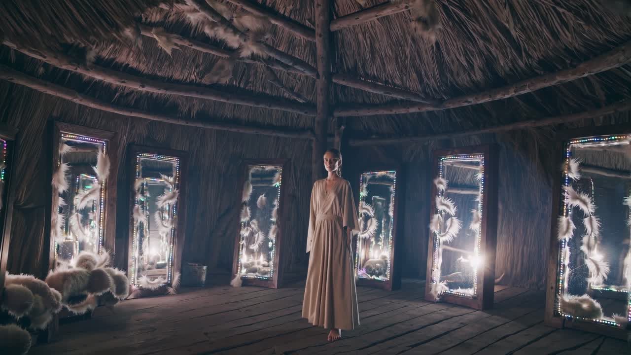 Woman in flowing dress standing inside ornate thatched sanctuary, surrounded by feather adorned mirrors and soft glowing led lights, evoking ethereal ambiance