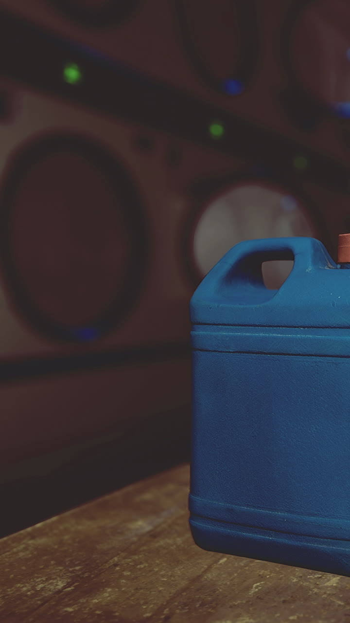 Cooler sits on wooden table in busy warehouse during evening hours