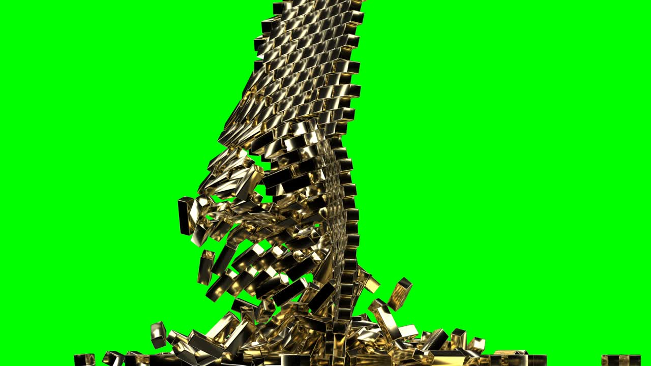 Gold brick wall explosion on green screen 4k