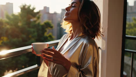 mujer disfrutando de café en un balcón