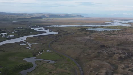 hringvegur ring road passing through kirkjubæjarklaustur remote town in iceland, aerial