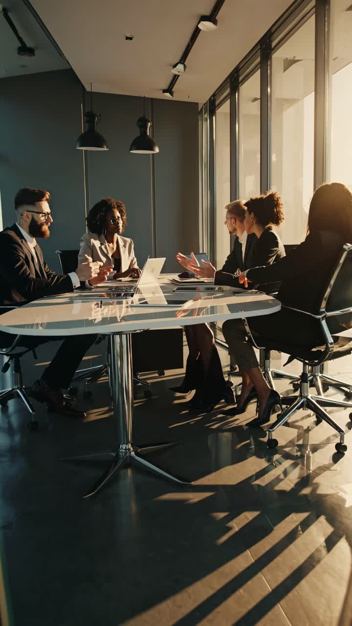 A professional meeting in a modern office with a low-angle shot, capturing a warm, sunset-lit
