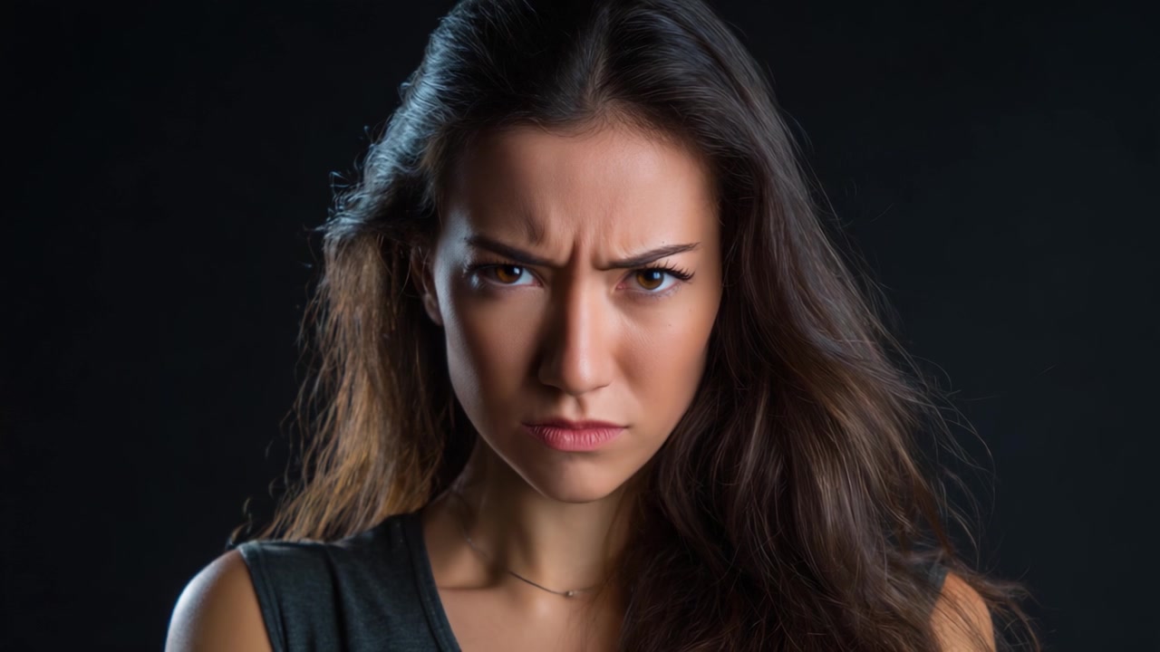 Expresión emocional intensa capturada con iluminación de estudio: Un primer plano de una mujer seria que refleja sentimientos intensos con un fondo oscuro.
