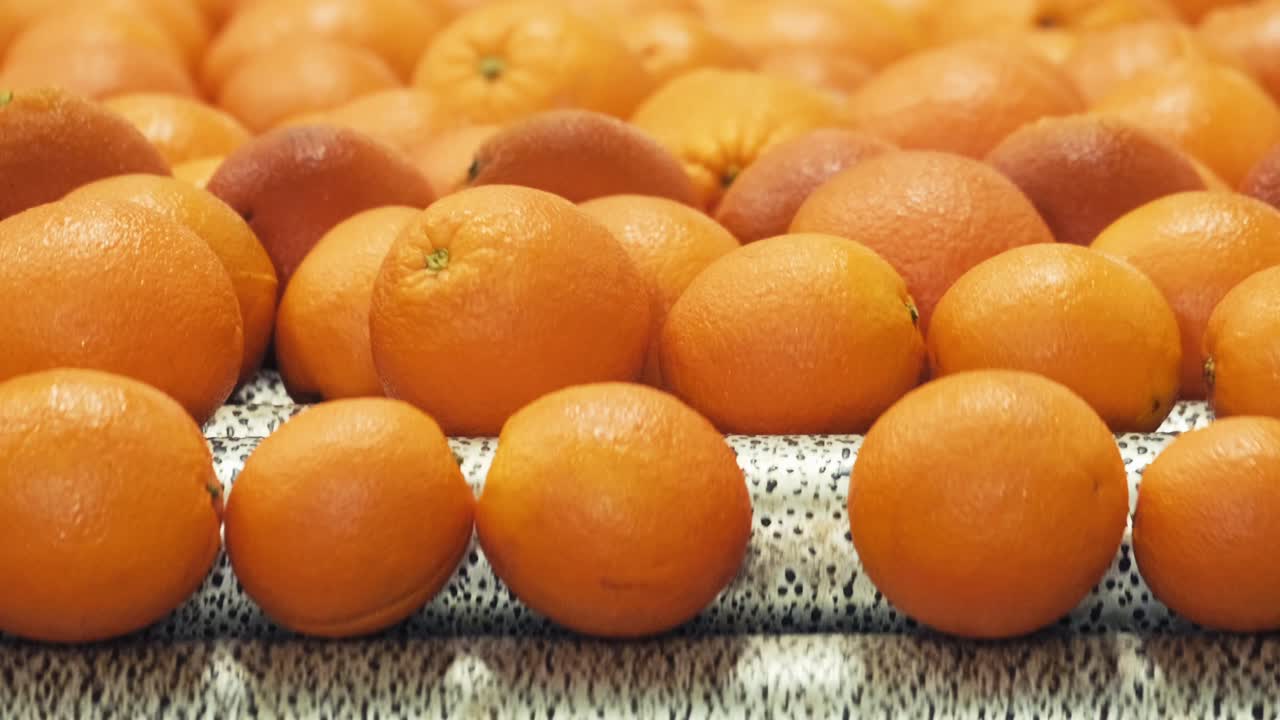 산업용 포장 공장의 등급 및 분류 기계에서 굴러가는 오렌지