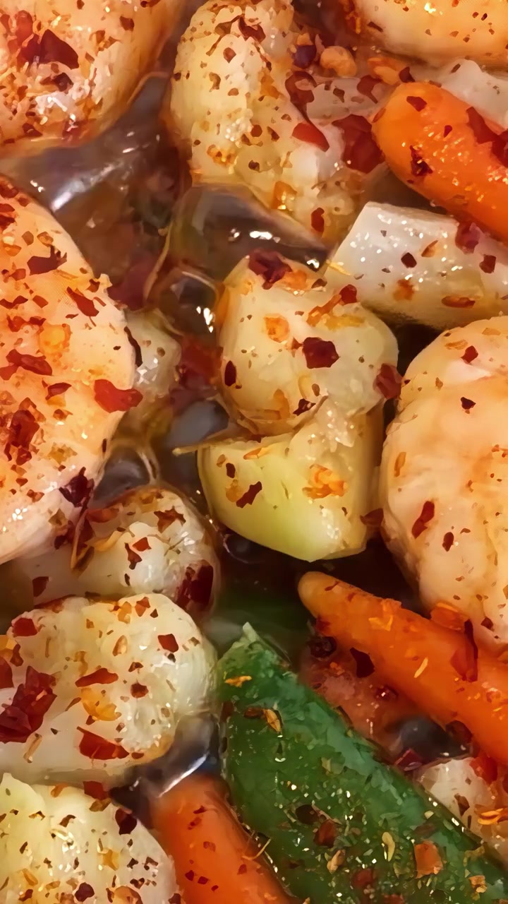 Stufato piccante bollente con gamberi sgusciati, carote baby, broccoli, cipolla, aglio e fiocchi di peperoncino rosso in un brodo scuro e saporito, video verticale con ripresa statica