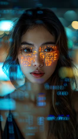 an asian woman's face is reflected in a window, with the reflection of a cityscape