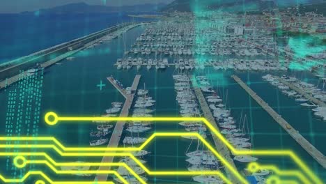 animation of data processing and yellow lines over cityscape