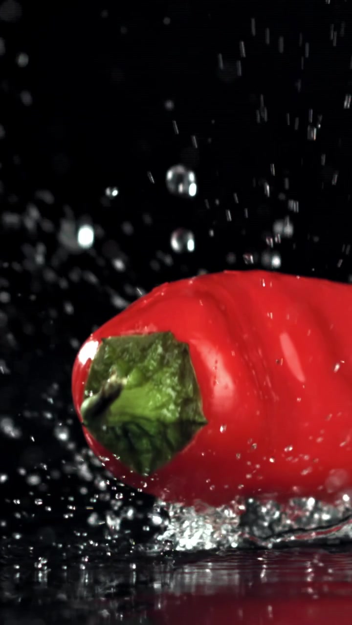 Červená chilli paprička padající do vody zpomaleně