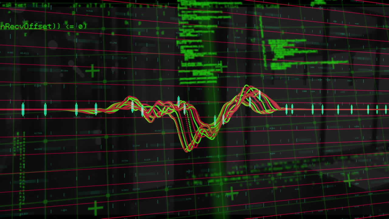 Graphs moving over data processing over grid network against black background