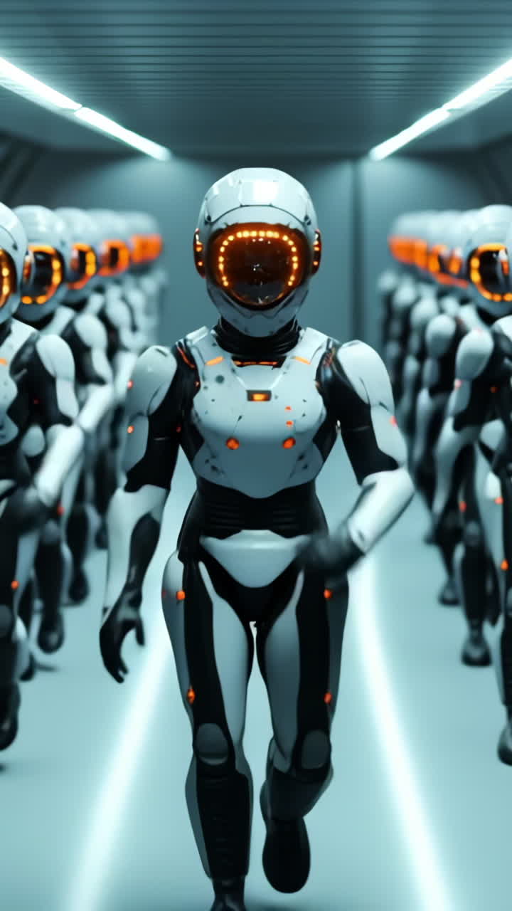 Robots march in a sleek hall. Rows of humanoid robots in sleek suits march down a futuristic corridor with bright lights illuminating the way.