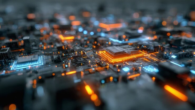 Un accattivante primo piano di un circuito futuristico con percorsi illuminati al neon e componenti high-tech, che mette in risalto la tecnologia avanzata nell'elettronica moderna