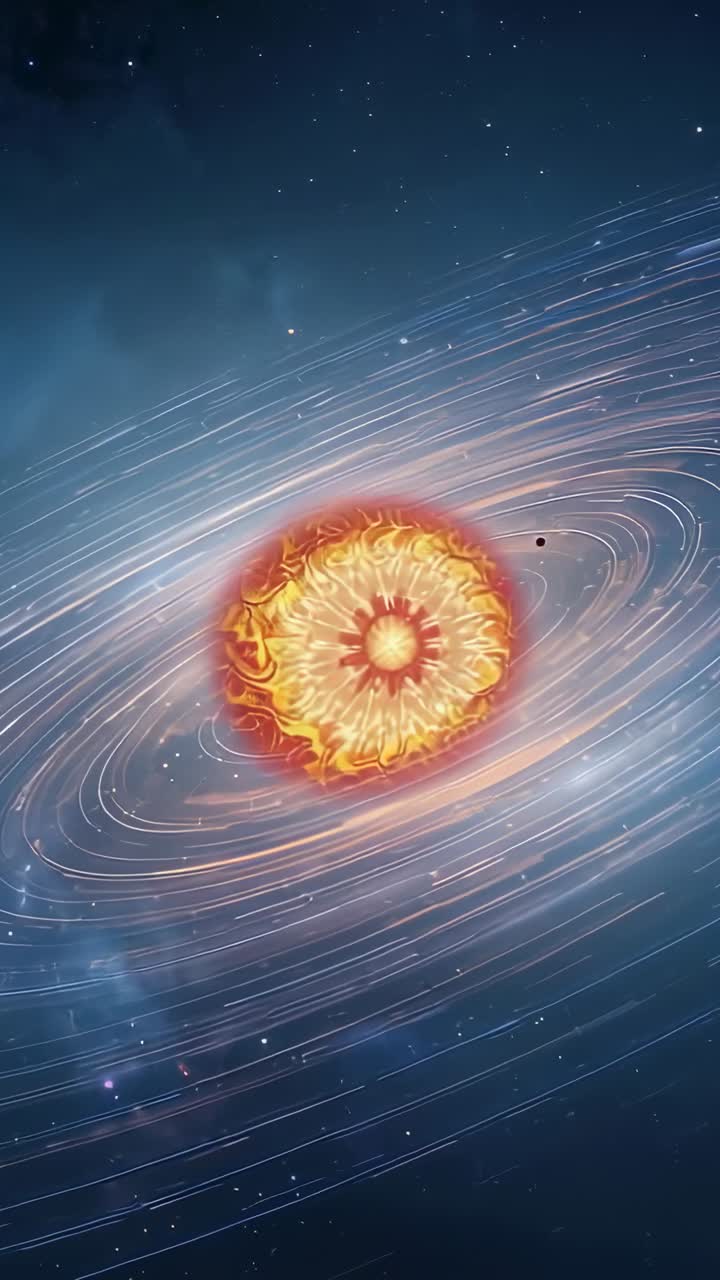 Vertical video: Coalescing disk forming plasma sphere in space, rings rotating and debris drifting