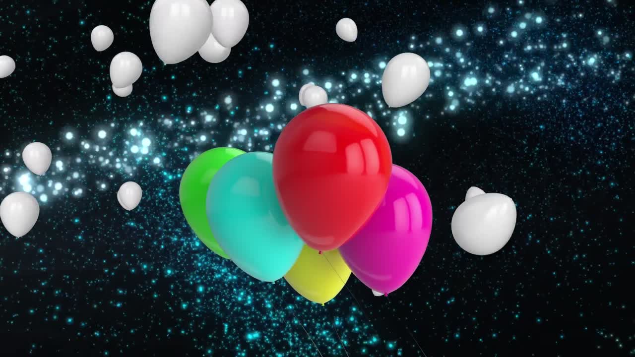 animación de globos y luces de colores volando sobre un fondo negro
