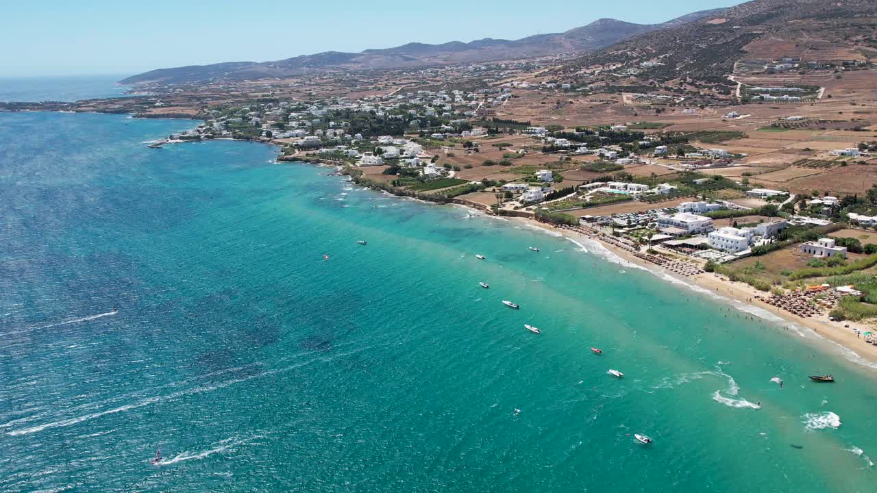 Aerial views from over Golden Beach on the Greek Island of Paros. One of the most famous Kite Surfing and Wind Surfing locations in the world.