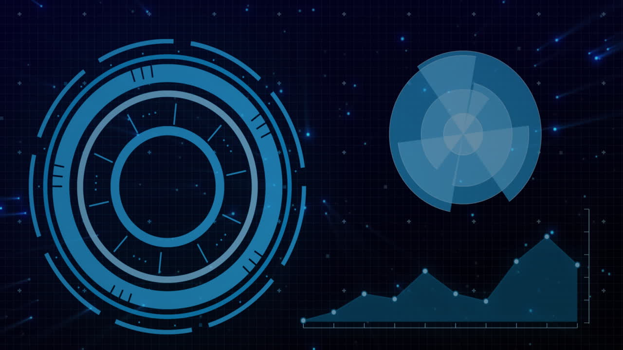 Animation of circular scanner and processing data on interface with blue comets on black background