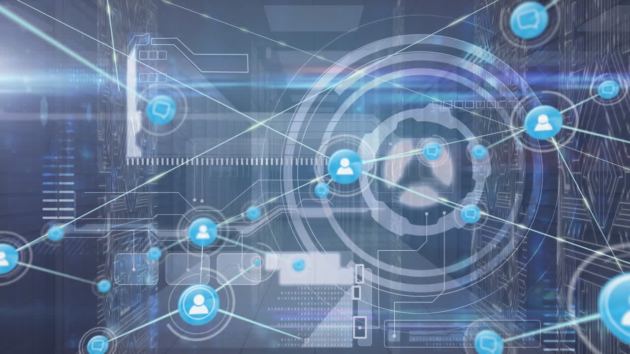 서버  ⁇ 과 데이터 처리에 대한 아이콘으로 연결 네트워크의 애니메이션